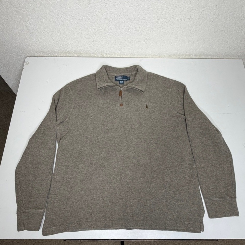 Polo Ralph Lauren Mens Quarter Zip Pullover Sweater Tan Brown Cotton Large